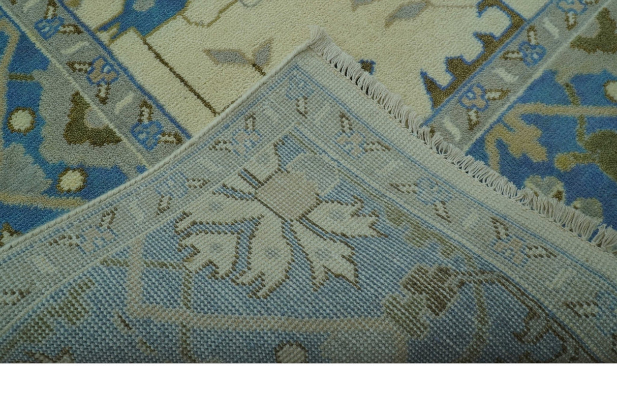 Beige and Blue Hand Knotted Oushak Custom Made wool Rug