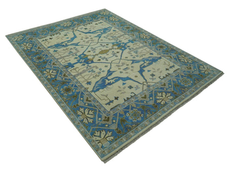 Beige and Blue Hand Knotted Oushak Custom Made wool Rug