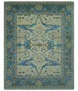 Beige and Blue Hand Knotted Oushak Custom Made wool Rug