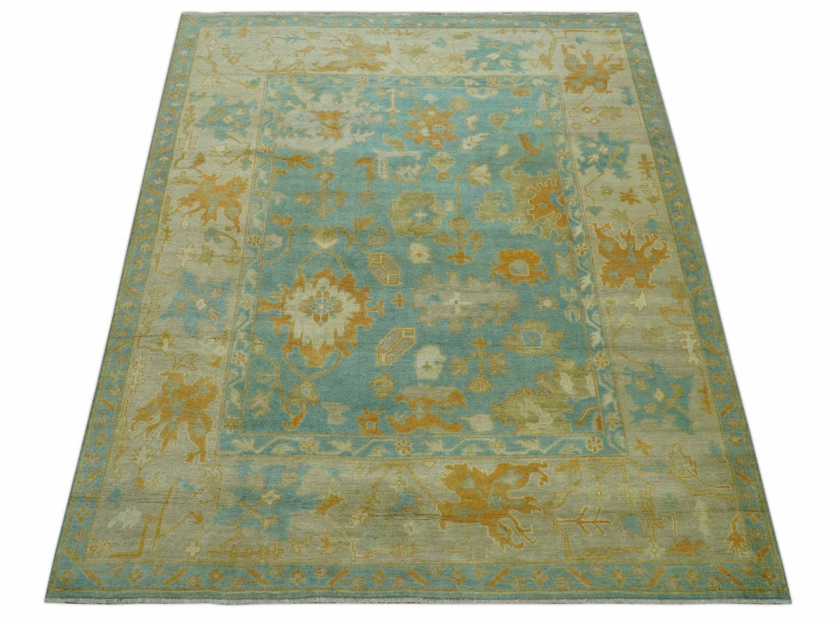 Beige And Blue Traditional 8x10 Hand Knotted Wool Area Rug