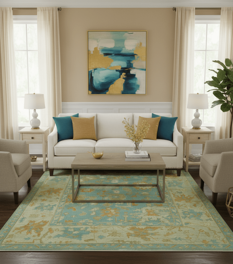 Beige And Blue Traditional 8x10 Hand Knotted Wool Area Rug
