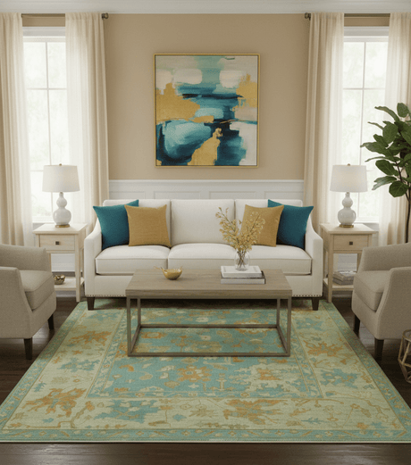 Beige And Blue Traditional 8x10 Hand Knotted Wool Area Rug