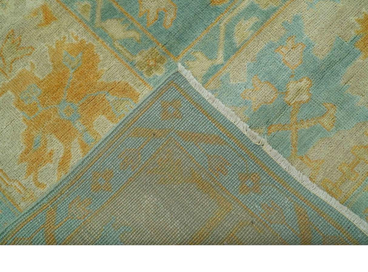 Beige And Blue Traditional 8x10 Hand Knotted Wool Area Rug