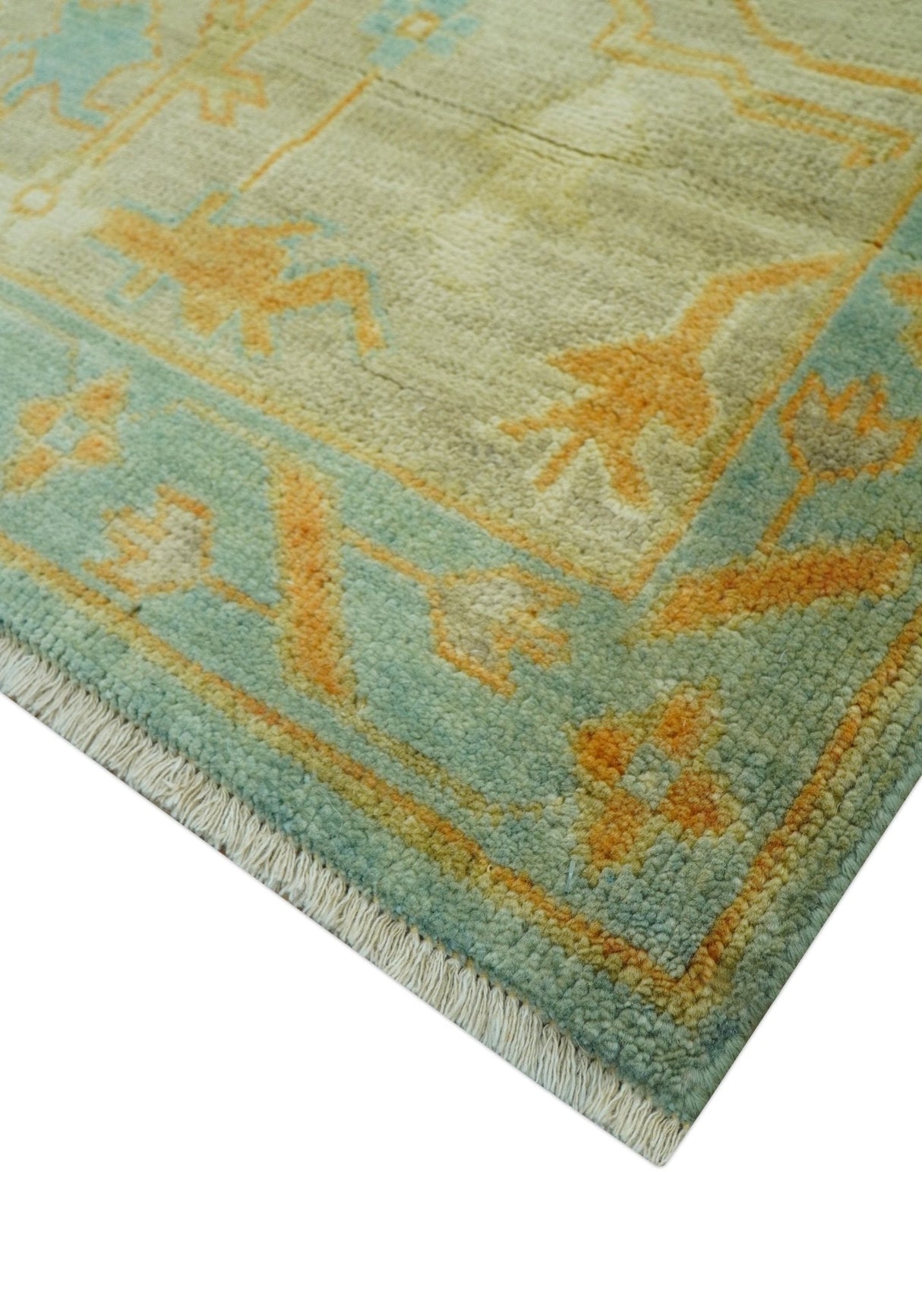 Beige And Blue Traditional 8x10 Hand Knotted Wool Area Rug