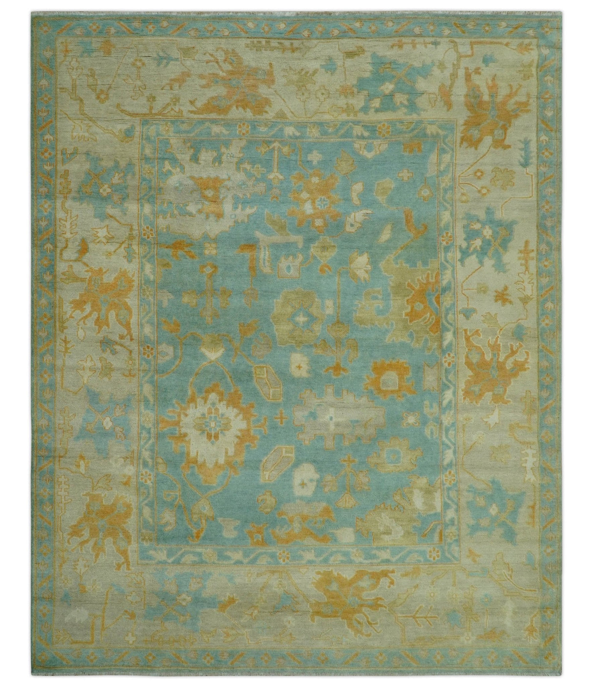 Beige And Blue Traditional 8x10 Hand Knotted Wool Area Rug