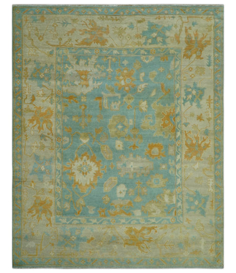 Beige And Blue Traditional 8x10 Hand Knotted Wool Area Rug