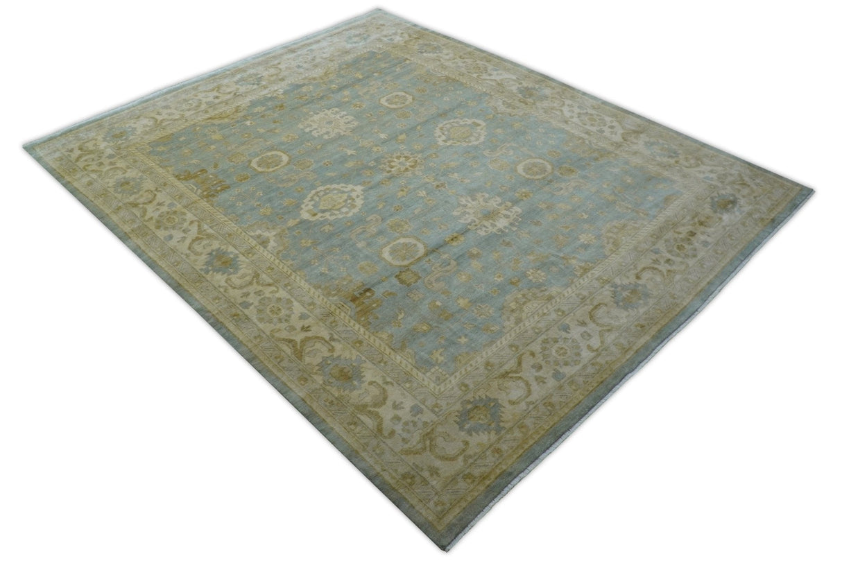 Beige And Blue Traditional Oushak Design 12x15 Hand Knotted Wool Rug