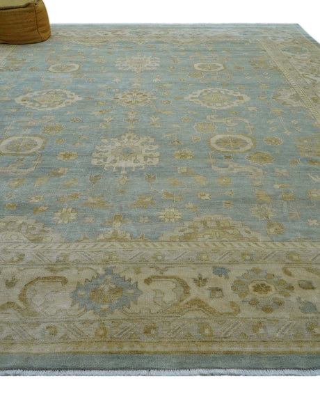 Beige And Blue Traditional Oushak Design 12x15 Hand Knotted Wool Rug
