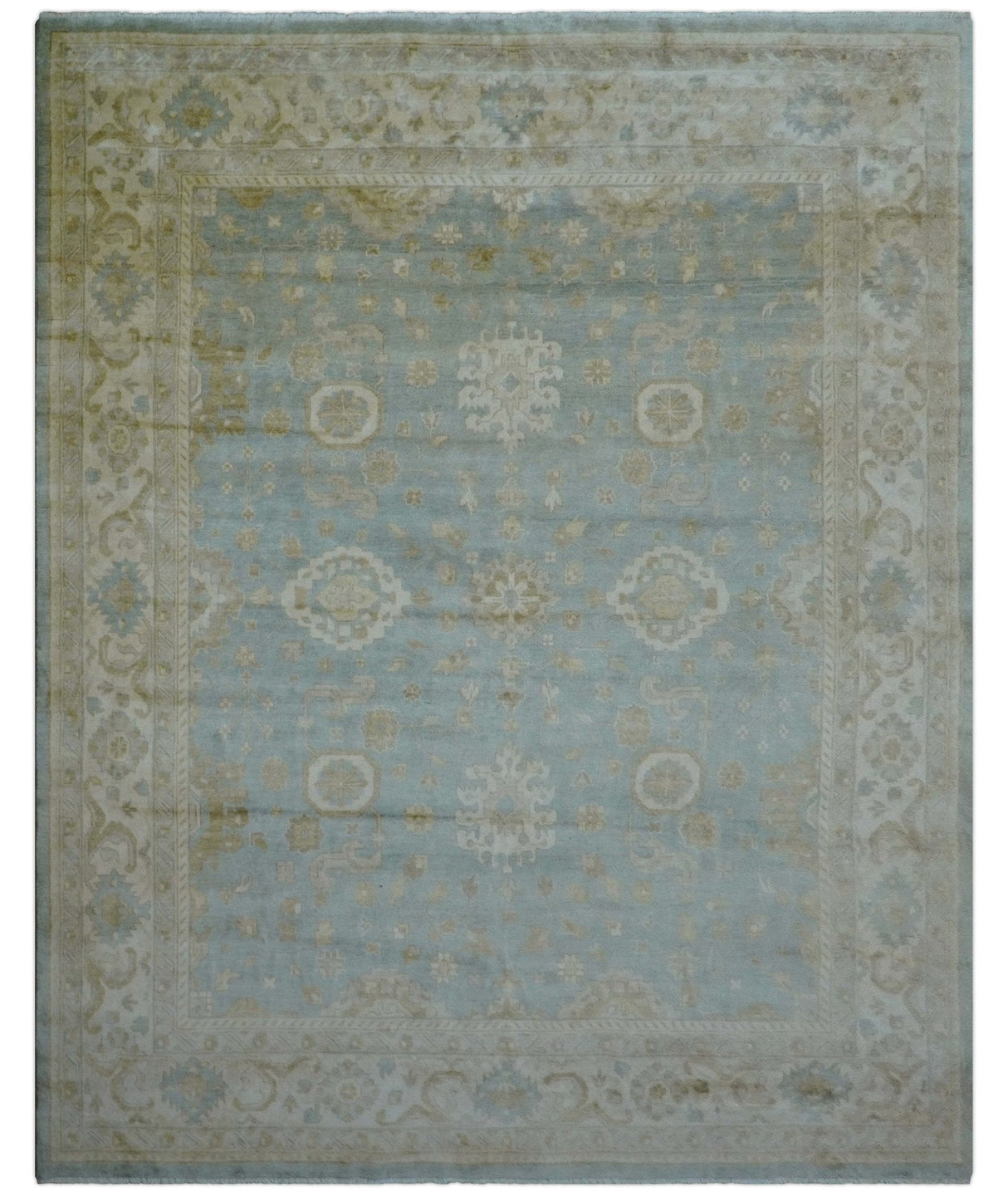 Beige And Blue Traditional Oushak Design 12x15 Hand Knotted Wool Rug