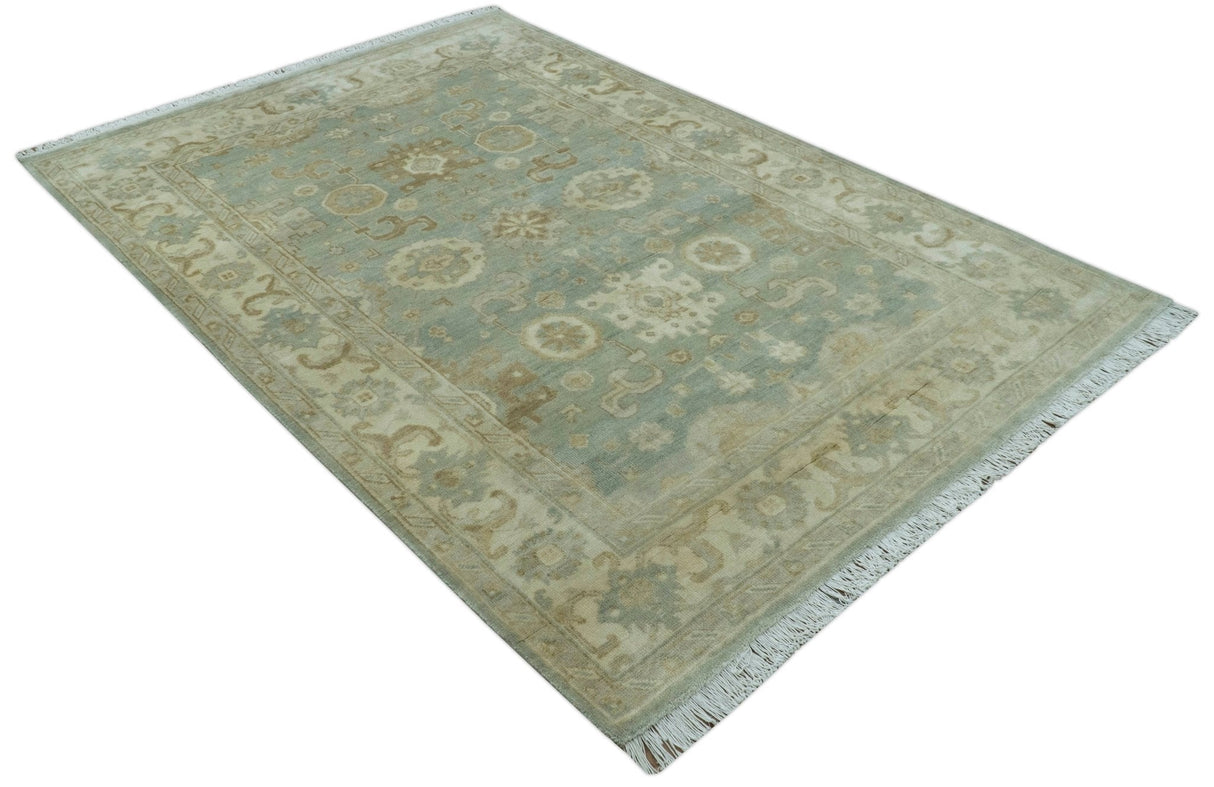 Beige And Blue Traditional Oushak Design 6x9 Hand Knotted Wool Area Rug
