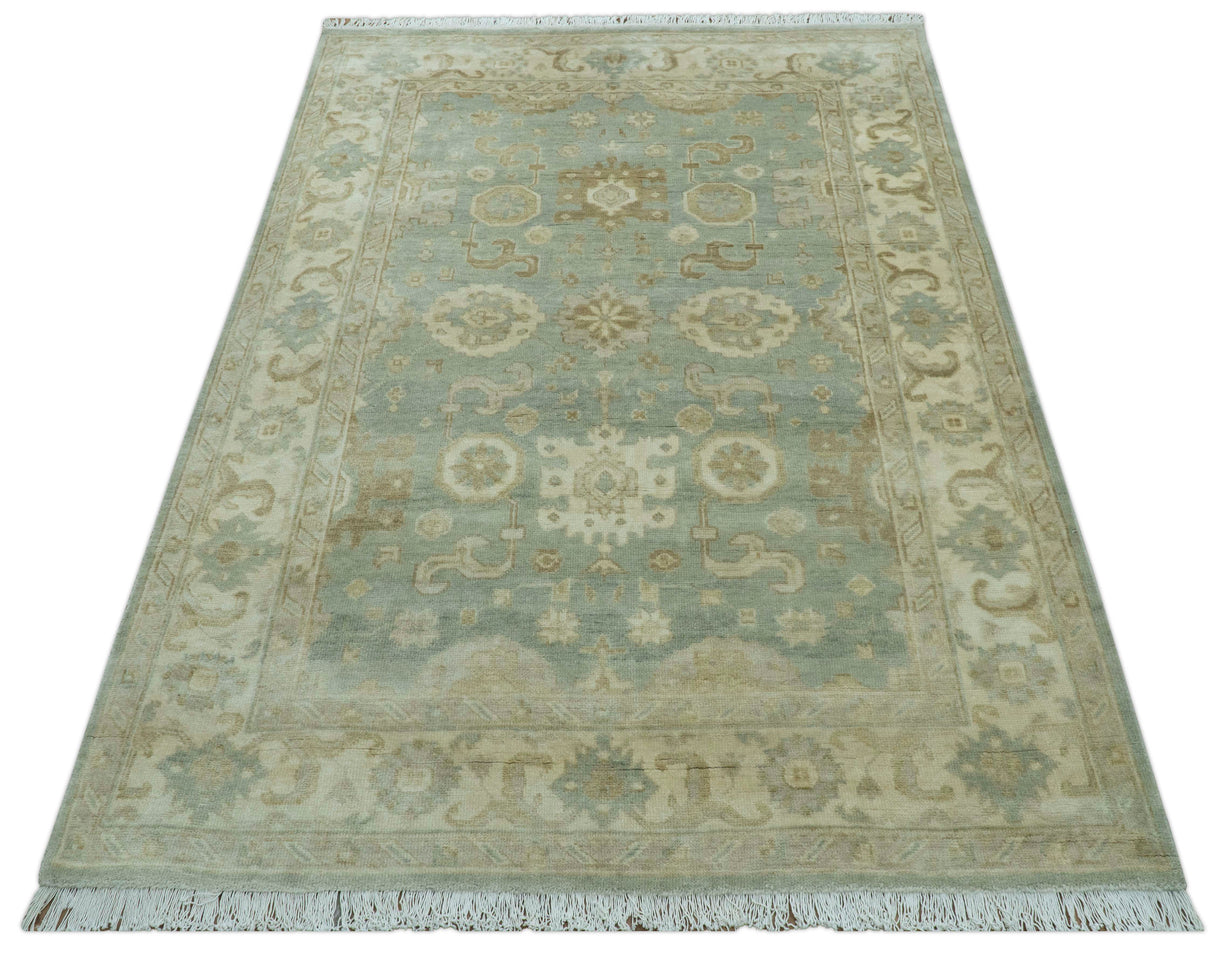Beige And Blue Traditional Oushak Design 6x9 Hand Knotted Wool Area Rug