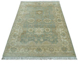 Beige And Blue Traditional Oushak Design 6x9 Hand Knotted Wool Area Rug