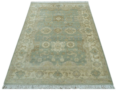 Beige And Blue Traditional Oushak Design 6x9 Hand Knotted Wool Area Rug