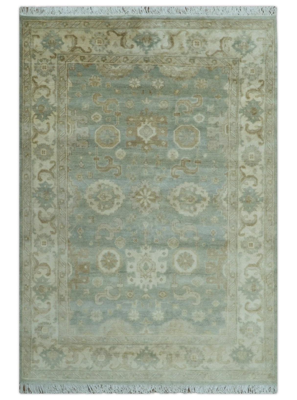 Beige And Blue Traditional Oushak Design 6x9 Hand Knotted Wool Area Rug