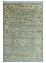 Beige And Blue Traditional Oushak Design 6x9 Hand Knotted Wool Area Rug