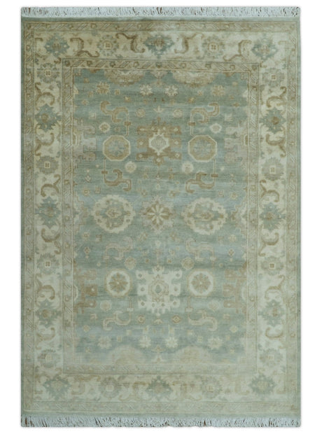Beige And Blue Traditional Oushak Design 6x9 Hand Knotted Wool Area Rug