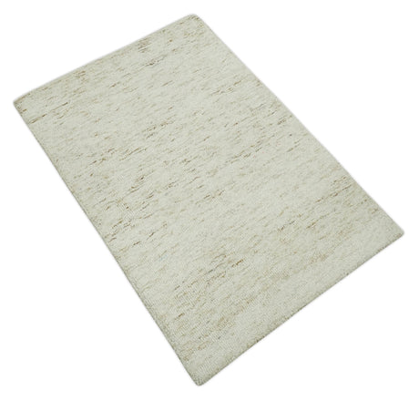 Beige and Brown Modern Abstract Hand Tufted Natural Wool Area Rug