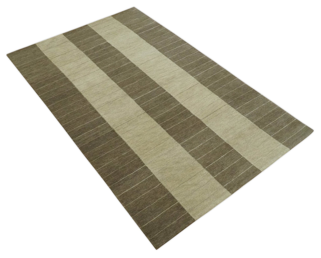 Beige and Brown Modern Geometrical Hand loom 5x8 wool and Art Silk area Rug-Area Rug-Parc Decor