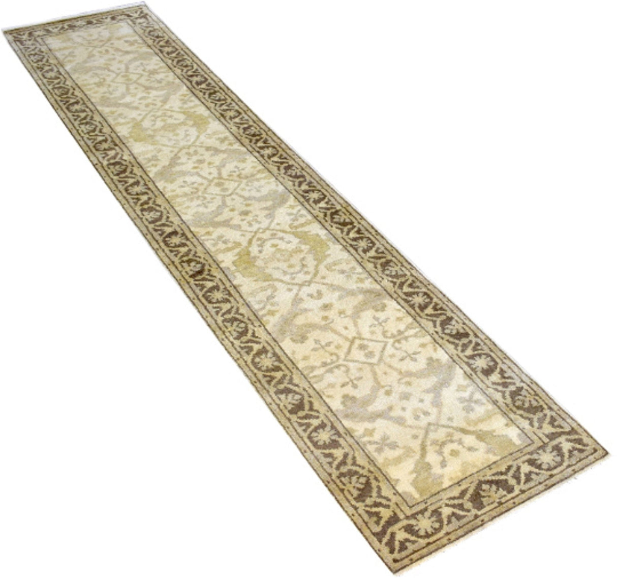 Beige and Brown Traditional Oushak Hand Knotted Wool 2.8x12 Area Rug