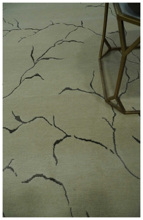 Beige and Charcoal Hand loom Crack Design 6x9 wool and Art Silk Area Rug-Area Rug-Parc Decor