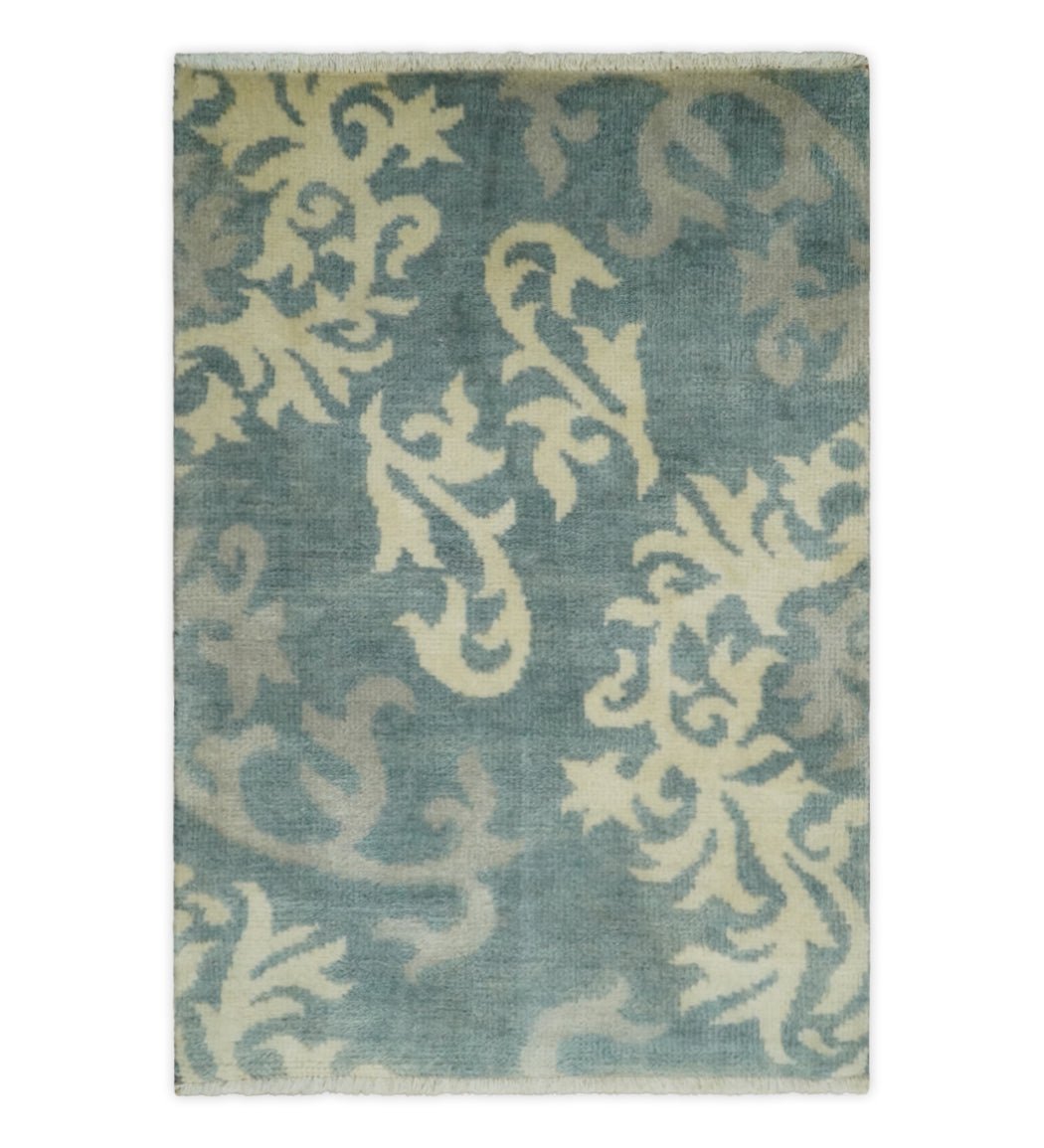 Beige and Gray 2x3 Hand Knotted Traditional Wool Rug