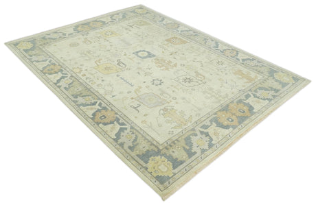 Beige and Gray Hand Knotted Traditional Persian Oushak Wool Rug