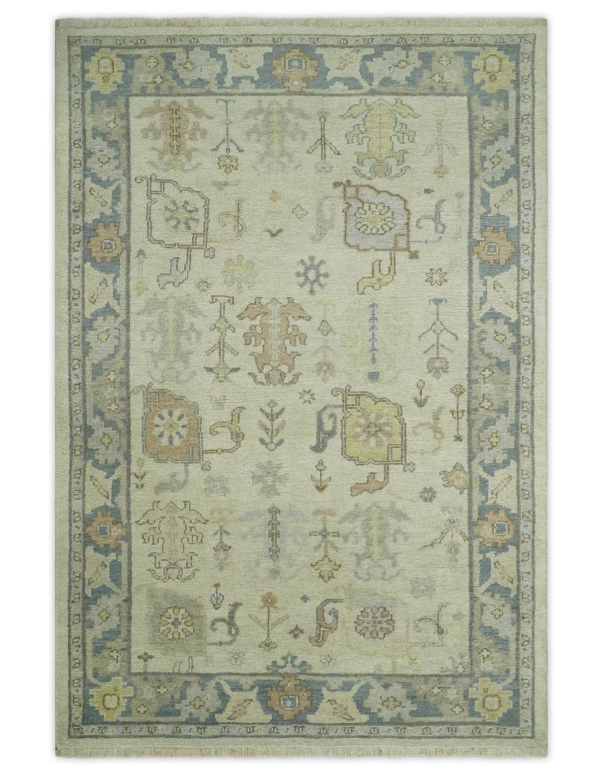 Beige and Gray Hand Knotted Traditional Persian Oushak Wool Rug