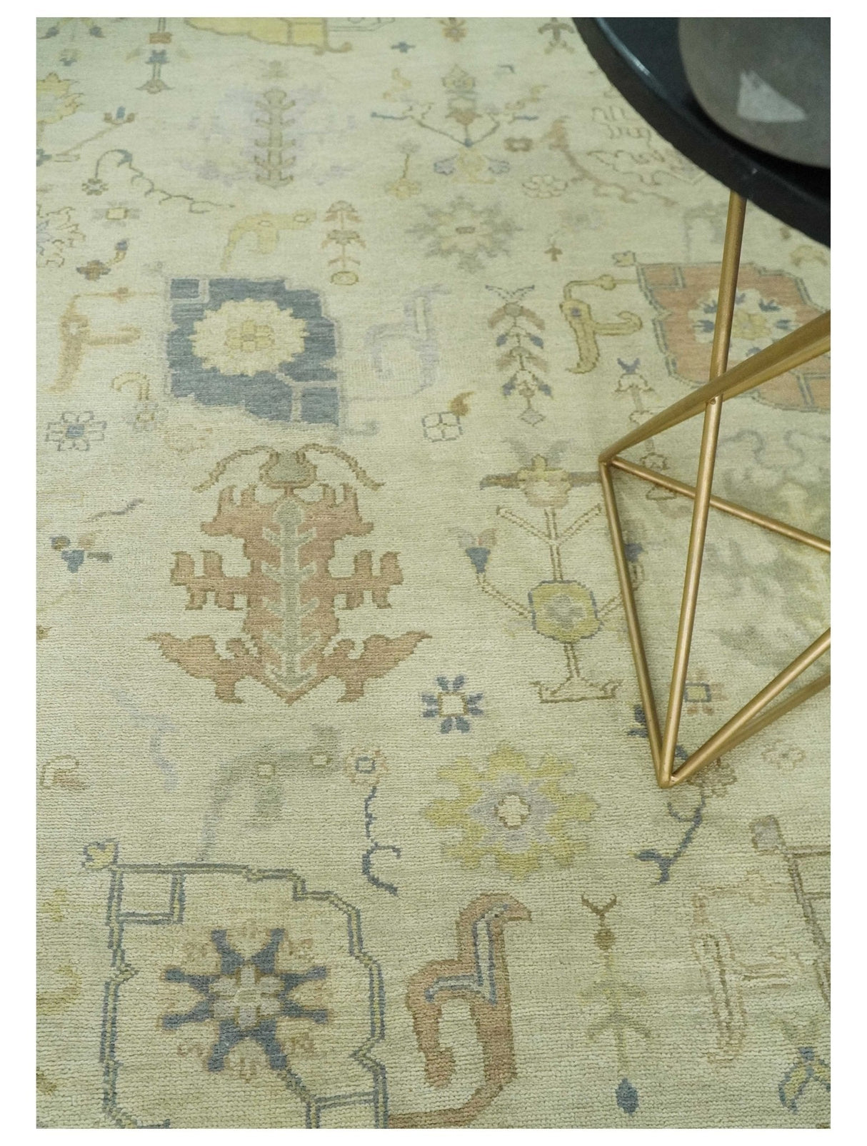 Beige and Gray Hand Knotted Traditional Persian Oushak Wool Rug