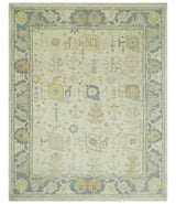 Beige and Gray Hand Knotted Traditional Persian Oushak Wool Rug