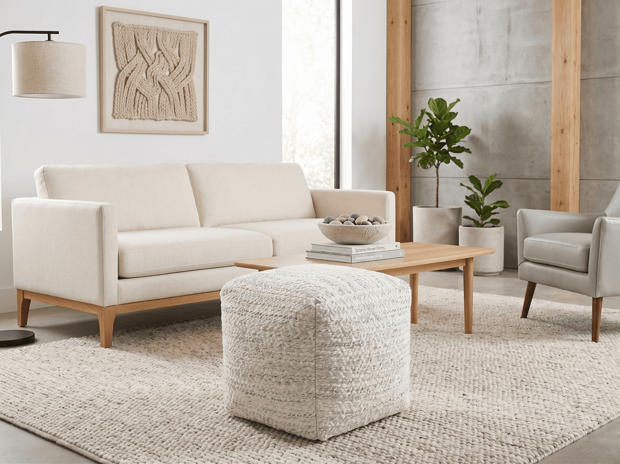 Beige and Gray Modern Chevron Handwoven Viscose Pouf