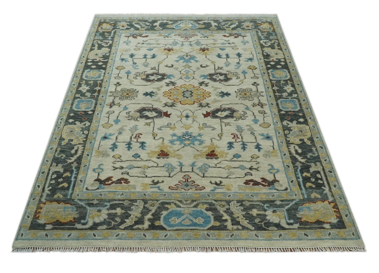 Beige and Gray Traditional Oriental Oushak Hand Knotted Wool Area Rug