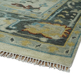 Beige and Gray Traditional Oriental Oushak Hand Knotted Wool Area Rug