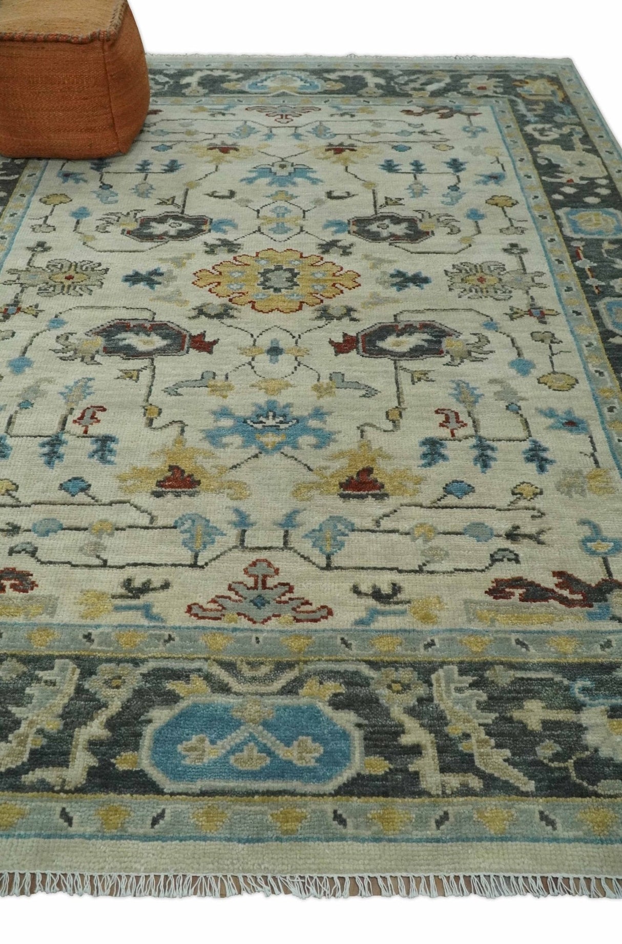 Beige and Gray Traditional Oriental Oushak Hand Knotted Wool Area Rug