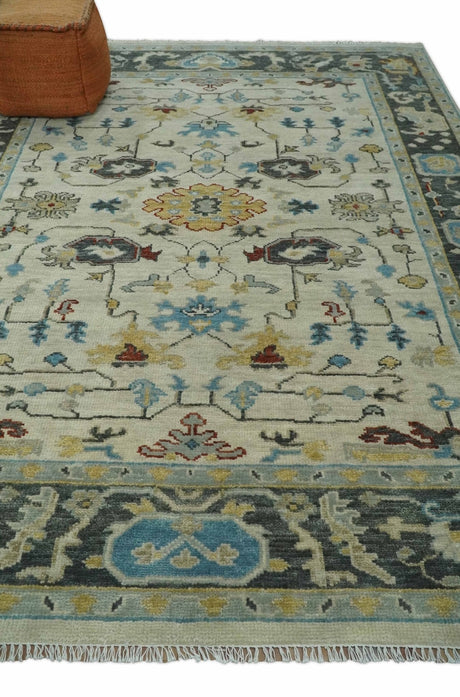 Beige and Gray Traditional Oriental Oushak Hand Knotted Wool Area Rug