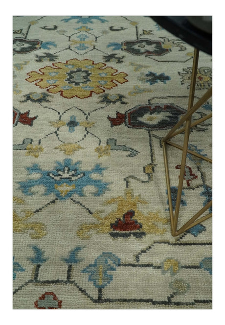 Beige and Gray Traditional Oriental Oushak Hand Knotted Wool Area Rug