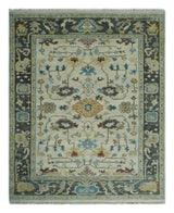 Beige and Gray Traditional Oriental Oushak Hand Knotted Wool Area Rug
