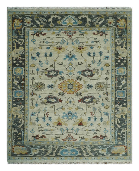 Beige and Gray Traditional Oriental Oushak Hand Knotted Wool Area Rug