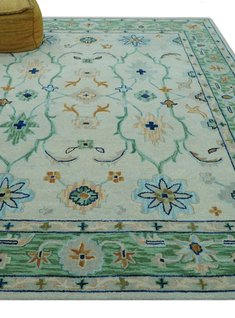 Beige and Green traditional Floral Oriental Oushak Hand Tufted Multi Size wool rug