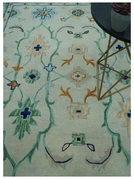 Beige and Green traditional Floral Oriental Oushak Hand Tufted Multi Size wool rug