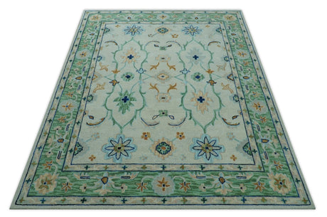 Beige and Green traditional Floral Oriental Oushak Hand Tufted Multi Size wool rug