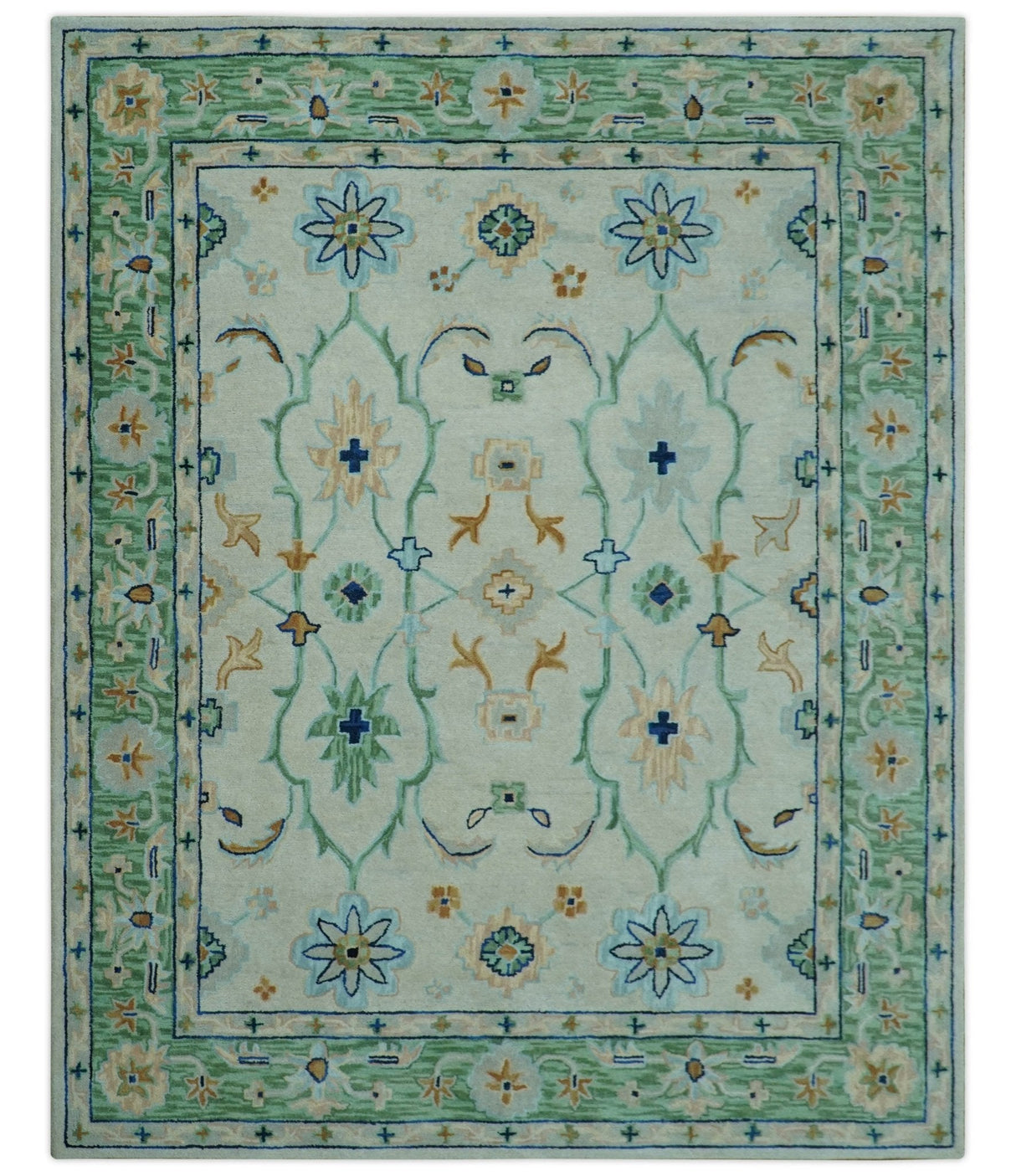 Beige and Green traditional Floral Oriental Oushak Hand Tufted Multi Size wool rug