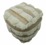 Beige and Ivory Geometrical Stripes Design Fringed wool and jute Pouf