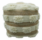 Beige and Ivory Geometrical Stripes Design Fringed wool and jute Pouf