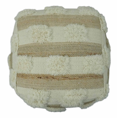 Beige and Ivory Geometrical Stripes Design Fringed wool and jute Pouf