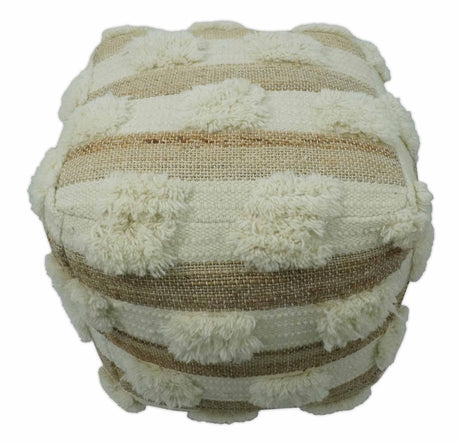Beige and Ivory Geometrical Stripes Design Fringed wool and jute Pouf-Pouf-Parc Decor