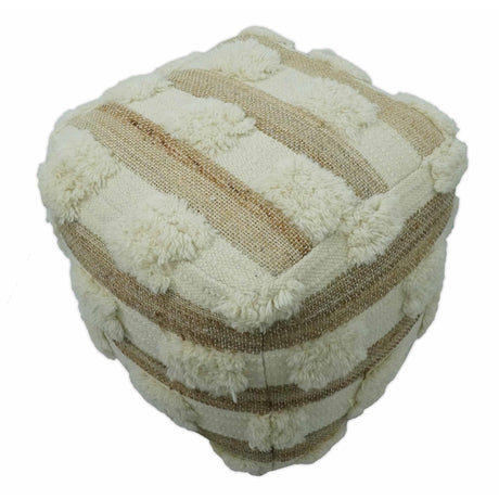 Beige and Ivory Geometrical Stripes Design Fringed wool and jute Pouf-Pouf-Parc Decor
