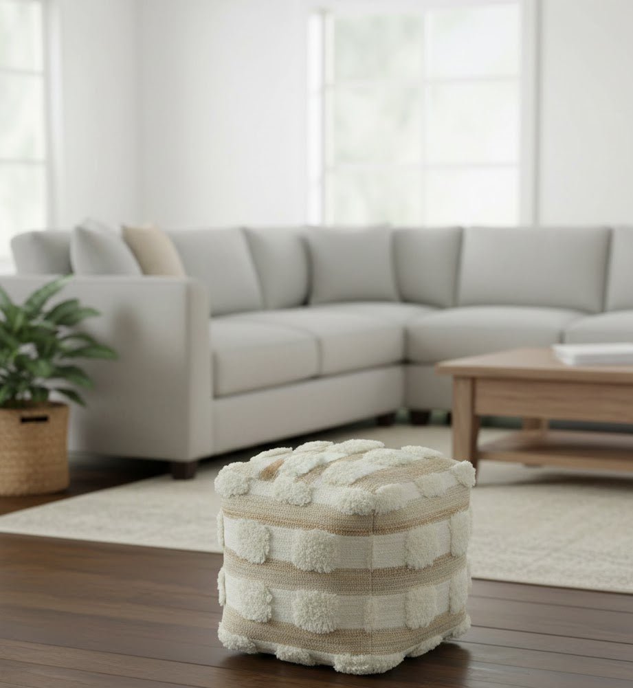 Beige and Ivory Geometrical Stripes Design Fringed wool and jute Pouf