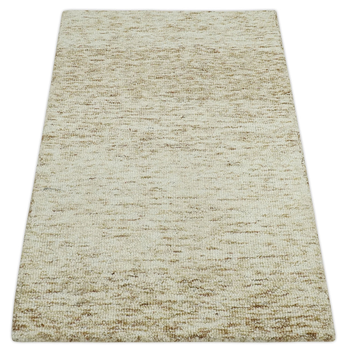 Beige and Ivory Modern Solid Hand Woven Wool Rug