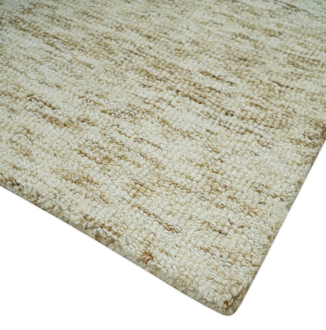 Beige and Ivory Modern Solid Hand Woven Wool Rug