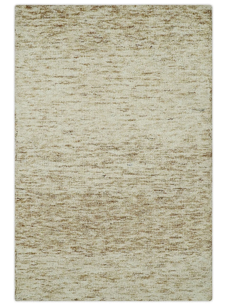 Beige and Ivory Modern Solid Hand Woven Wool Rug